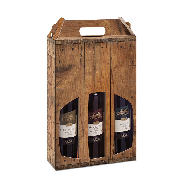 Tragekartons Holz Rustikal | 3 Wein-/Sektflaschen | 249x84x360 mm